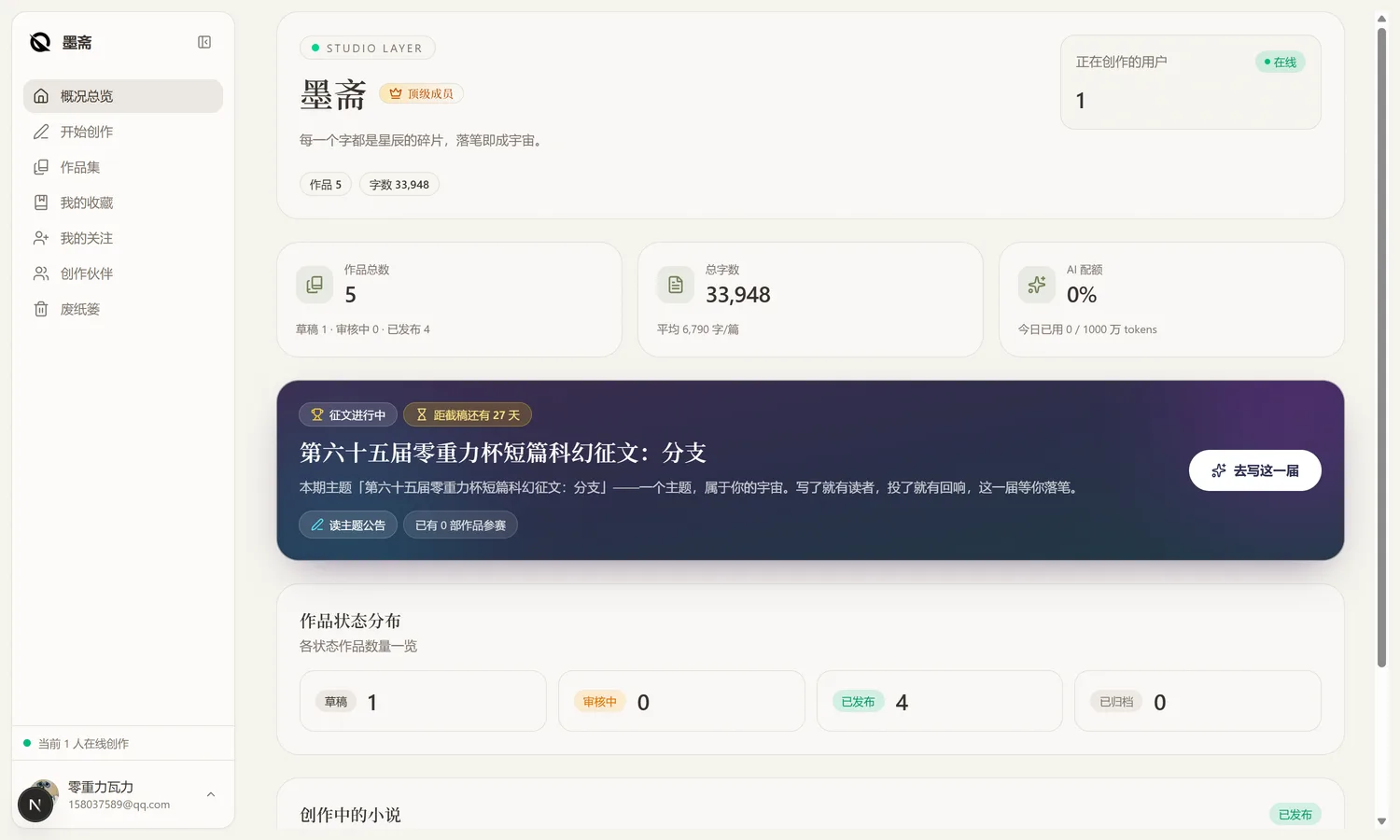 墨斋概况页：指标卡与当前征文倒计时