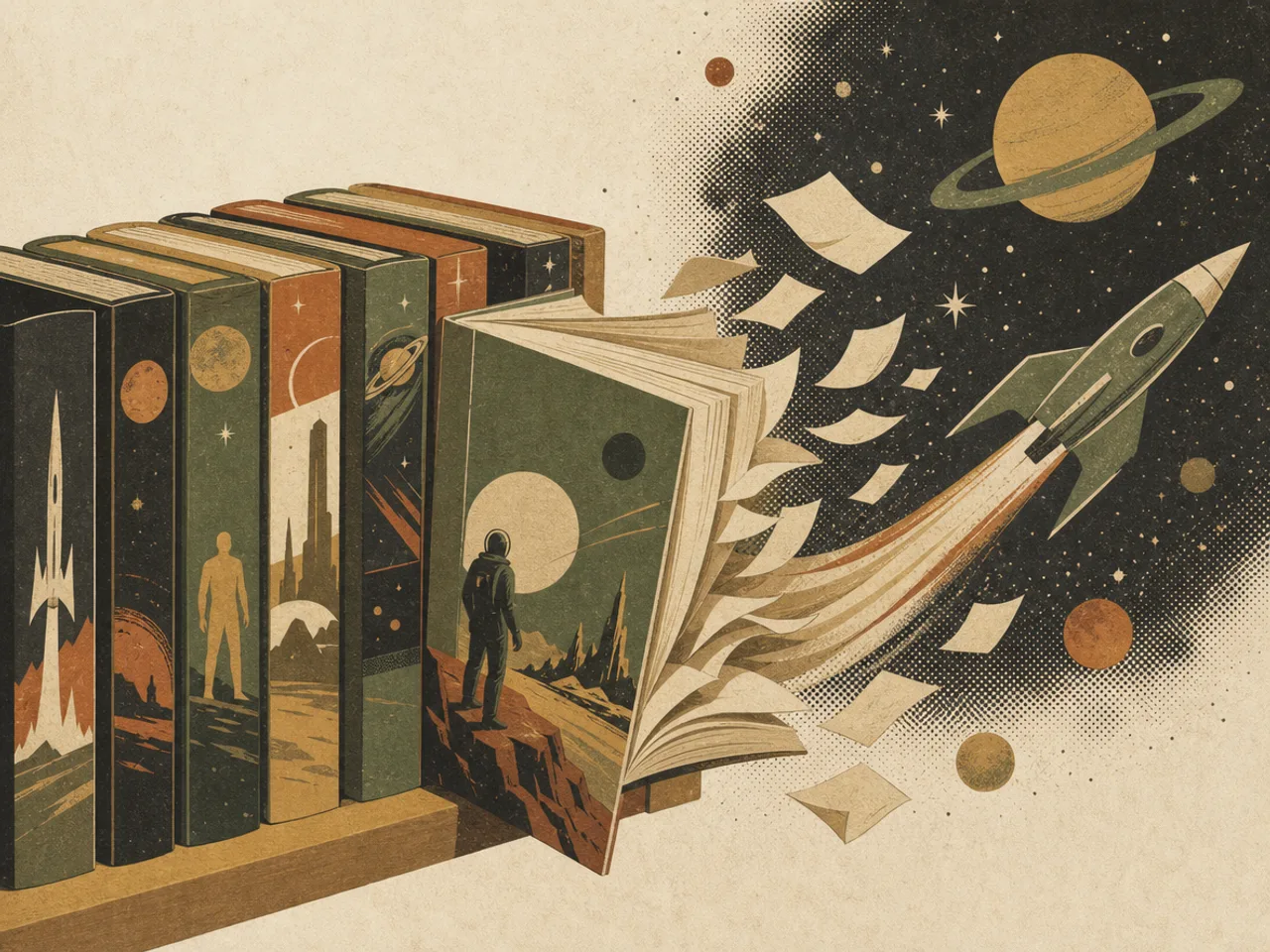 科幻平装书架上抽出一本书，书页飞出星球与飞船