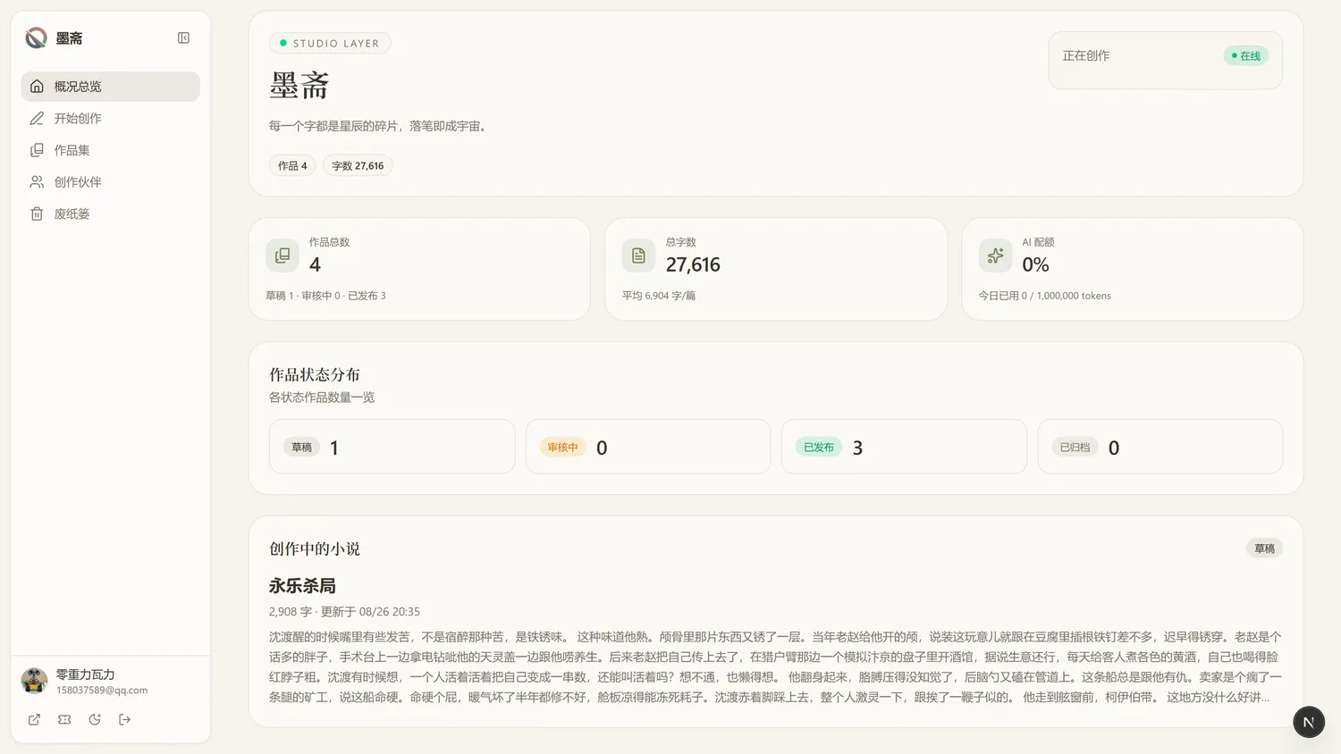 概况总览：作品数、总字数与 AI 配额一目了然